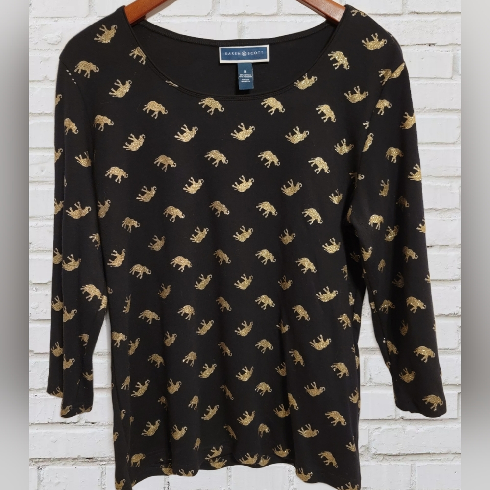 Karen Scott 3/4 Sleeve Black Top w/ Gold Elephant Print